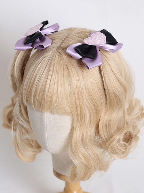 Cute Cool Stylish Black Purple Daily Versatile Sweet Lolita Loving Heart Double Layer Bowknot Hairpin