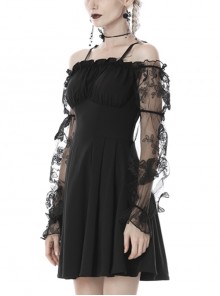 Gothic Style Elegant Embroidered Lace Back Strap Black Suspender Strapless Slim Short Dress