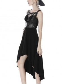 Punk Style Cool Leather Strap Waistband Metal Moon Pendant Black Suspender Long Dress