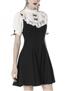 Gothic Style Stand Up Collar White Lace Stitching Bowknot Decoration Cute Black Short Sleeve Dress