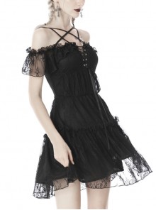 Gothic Style Unique Cross Star Strap Off Shoulder Short Sleeve Elegant Black Lace Short Dress