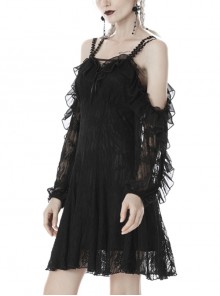 Gothic Style Elegant Off Shoulder Sexy Lace Mesh Black Suspender Long Sleeves Dress
