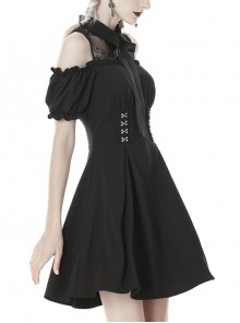 Gothic Style Lapel Bowknot Tie Lace Splicing Off Shoulder Short Sleeves Black Short Dress