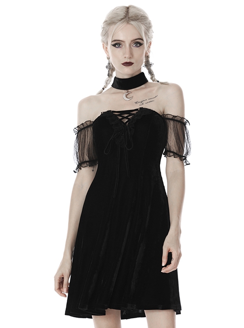 Gothic Style Elegant Velvet Metal Moon Shaped Pendant Black Halter Neck Strap Sleeves Dress