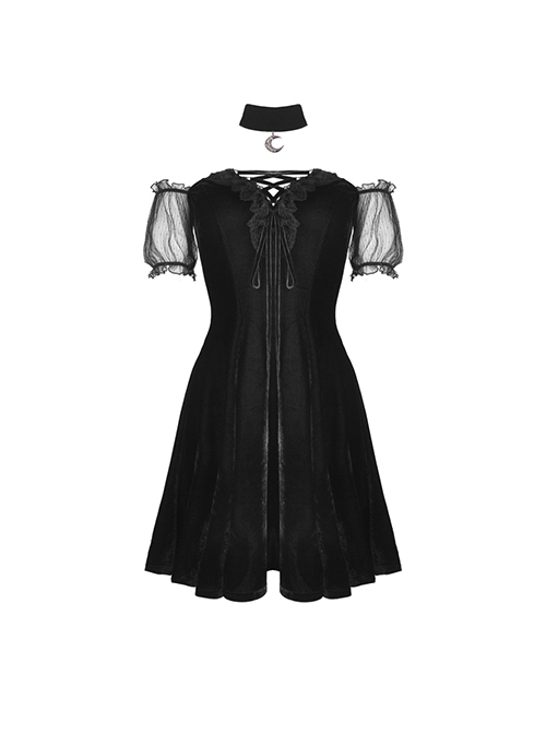 Gothic Style Elegant Velvet Metal Moon Shaped Pendant Black Halter Neck Strap Sleeves Dress