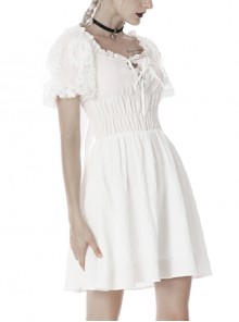 Punk Style Woven Front And Back Webbing Decorated Lace Puff Sleeves Backless White Short Sleeves Dress