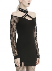 Punk Style Sexy Off Shoulder Cross Strap Leather Halterneck Black Tight Mesh Long Sleeves Short Dress