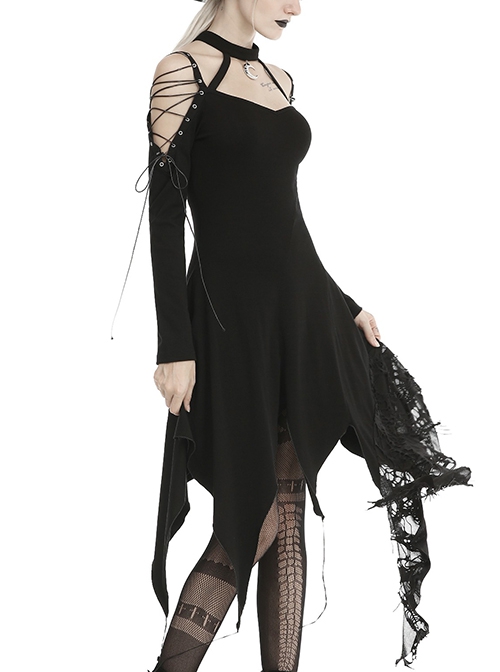 Punk Style Mysterious Witch Halter Neck Strap Asymmetric Tattered Hem Black Long Sleeves Dress