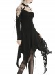 Punk Style Mysterious Witch Halter Neck Strap Asymmetric Tattered Hem Black Long Sleeves Dress