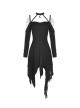 Punk Style Mysterious Witch Halter Neck Strap Asymmetric Tattered Hem Black Long Sleeves Dress