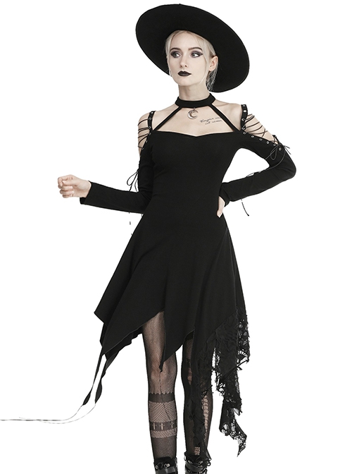 Punk Style Mysterious Witch Halter Neck Strap Asymmetric Tattered Hem Black Long Sleeves Dress