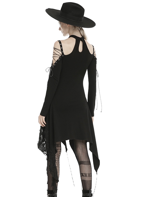 Punk Style Mysterious Witch Halter Neck Strap Asymmetric Tattered Hem Black Long Sleeves Dress