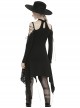 Punk Style Mysterious Witch Halter Neck Strap Asymmetric Tattered Hem Black Long Sleeves Dress