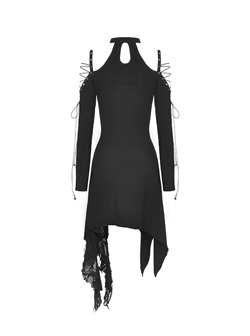 Punk Style Mysterious Witch Halter Neck Strap Asymmetric Tattered Hem Black Long Sleeves Dress