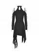 Punk Style Mysterious Witch Halter Neck Strap Asymmetric Tattered Hem Black Long Sleeves Dress