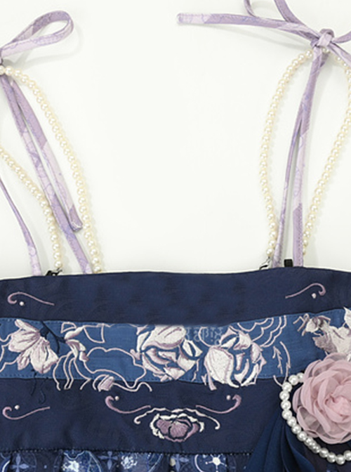 Blue White Porcelain Series Chinese Elements Fantasy Floral Print Vintage Classic Lolita Suspender Dress Crossbody Bag Set