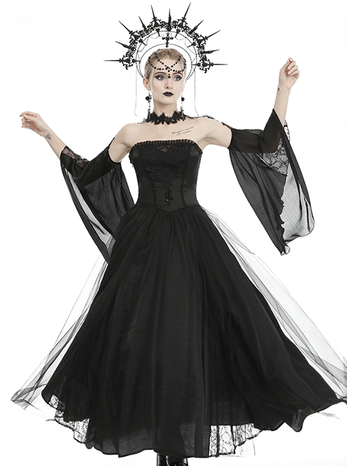 Gothic Style Gorgeous Beaded Tulle Lace Strapped Black Retro Palace Tube Top Tight Dress