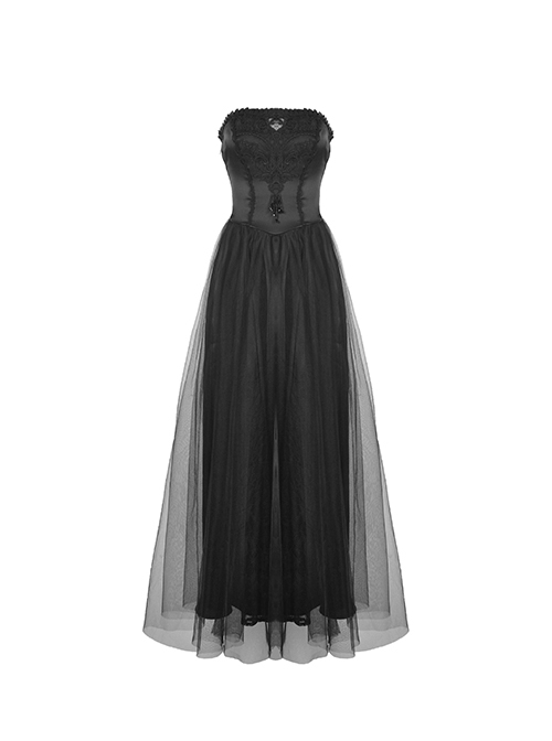 Gothic Style Gorgeous Beaded Tulle Lace Strapped Black Retro Palace Tube Top Tight Dress