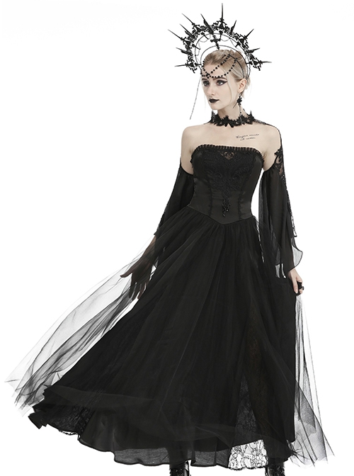 Gothic Style Gorgeous Beaded Tulle Lace Strapped Black Retro Palace Tube Top Tight Dress