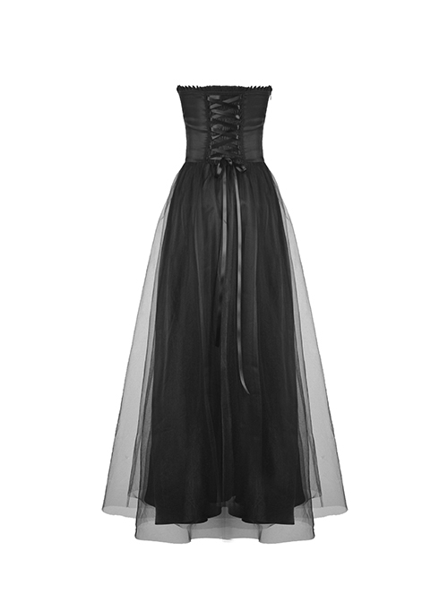 Gothic Style Gorgeous Beaded Tulle Lace Strapped Black Retro Palace Tube Top Tight Dress