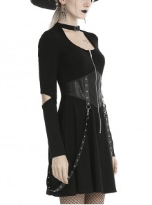 Punk Style Chest Hollow Leather Corset Bandage Rivet Decoration Black Long Sleeves Dress