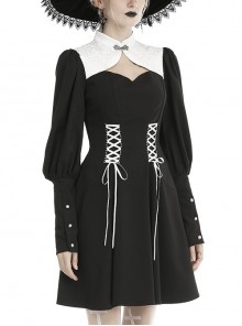 Gothic Style White Chinese Cheongsam Collar Retro Gigot Sleeves Black Elegant Long Sleeves Dress