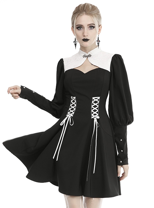 Gothic Style White Chinese Cheongsam Collar Retro Gigot Sleeves Black Elegant Long Sleeves Dress