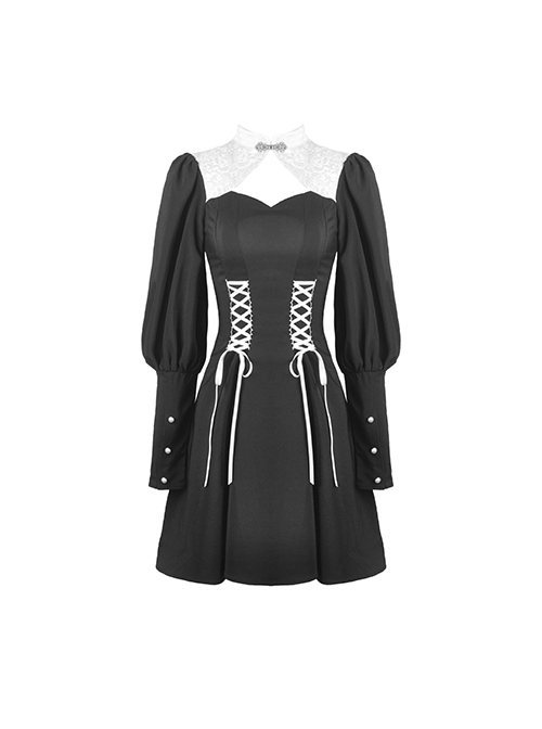 Gothic Style White Chinese Cheongsam Collar Retro Gigot Sleeves Black Elegant Long Sleeves Dress