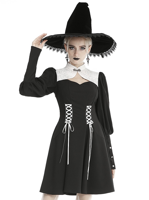 Gothic Style White Chinese Cheongsam Collar Retro Gigot Sleeves Black Elegant Long Sleeves Dress