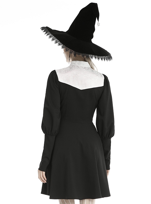 Gothic Style White Chinese Cheongsam Collar Retro Gigot Sleeves Black Elegant Long Sleeves Dress