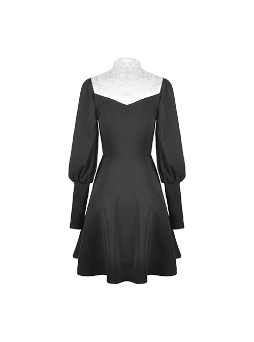 Gothic Style White Chinese Cheongsam Collar Retro Gigot Sleeves Black Elegant Long Sleeves Dress