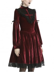 Gothic Style Black Lace Ruffled Chest Elegant Stand Collar Velvet Red Ghost Long Sleeves Dress