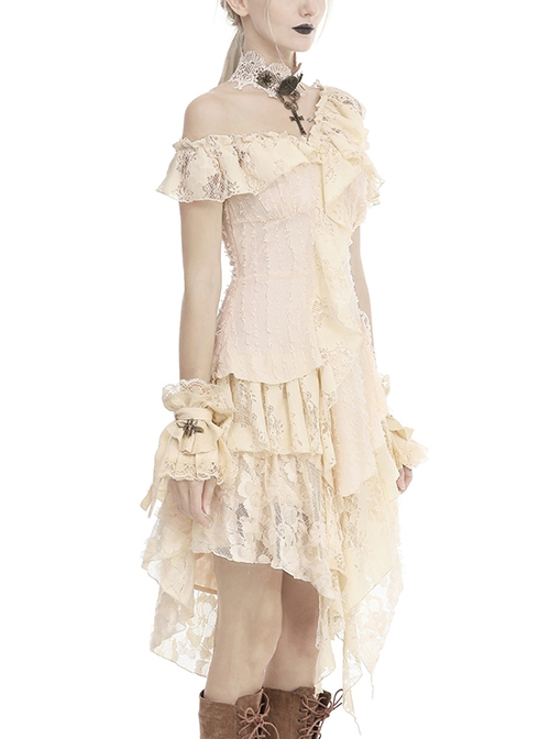 Steampunk Style Off Shoulder Layered Lace Irregular Hem Beige Cake Dress