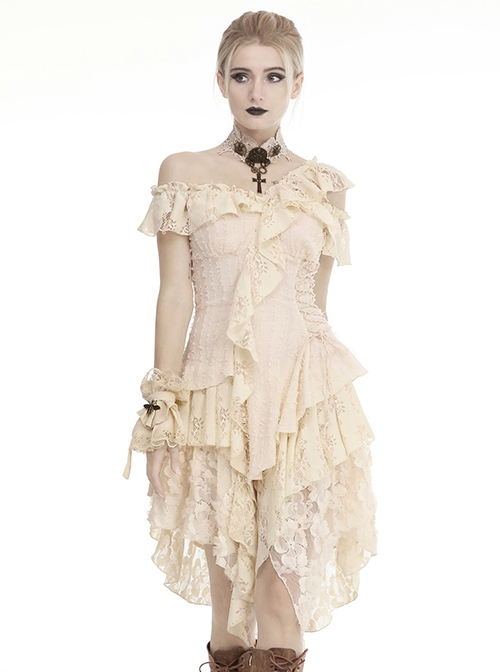 Steampunk Style Off Shoulder Layered Lace Irregular Hem Beige Cake Dress