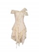 Steampunk Style Off Shoulder Layered Lace Irregular Hem Beige Cake Dress