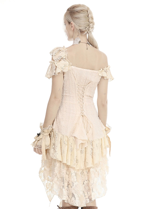 Steampunk Style Off Shoulder Layered Lace Irregular Hem Beige Cake Dress