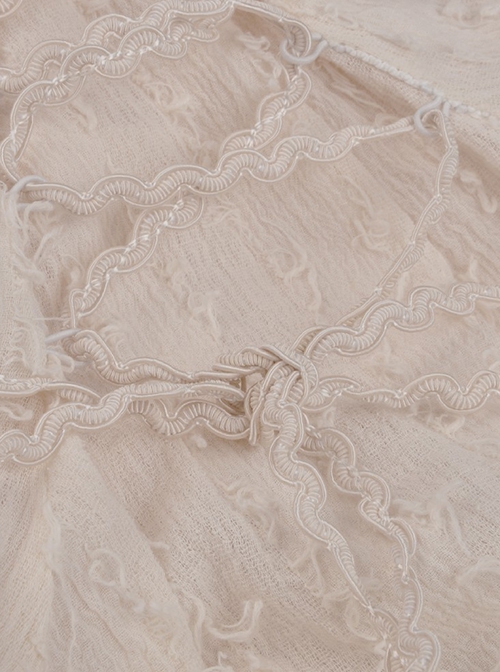 Steampunk Style Off Shoulder Layered Lace Irregular Hem Beige Cake Dress