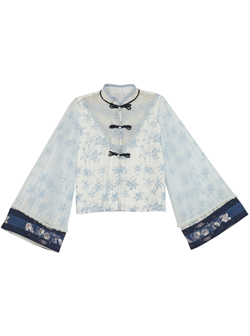 Blue White Porcelain Series New Chinese Style Small Floral Print Daily Versatile Elegant Lolita Long Sleeves Cardigan Shirt