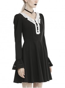 Gothic Style Retro White Button Lace Doll Collar Black Long Trumpet Sleeve Slim Dress