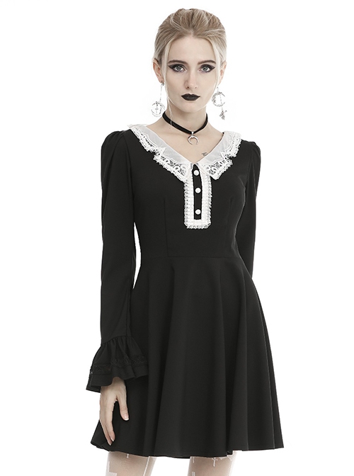 Gothic Style Retro White Button Lace Doll Collar Black Long Trumpet Sleeve Slim Dress