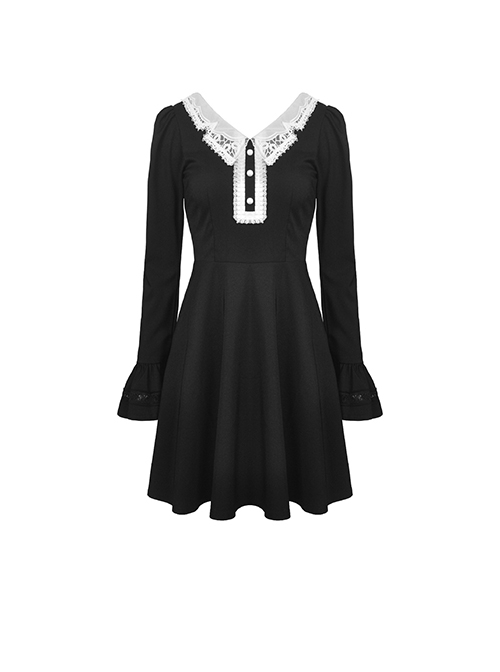 Gothic Style Retro White Button Lace Doll Collar Black Long Trumpet Sleeve Slim Dress