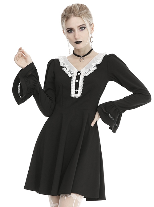 Gothic Style Retro White Button Lace Doll Collar Black Long Trumpet Sleeve Slim Dress