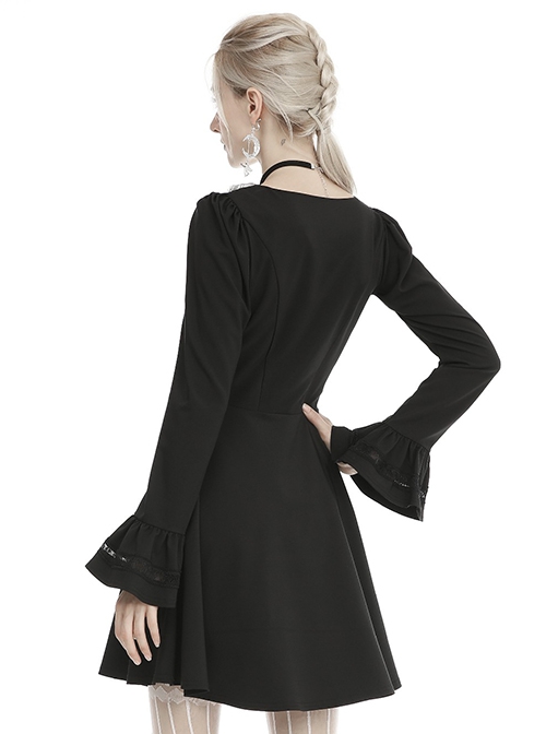 Gothic Style Retro White Button Lace Doll Collar Black Long Trumpet Sleeve Slim Dress