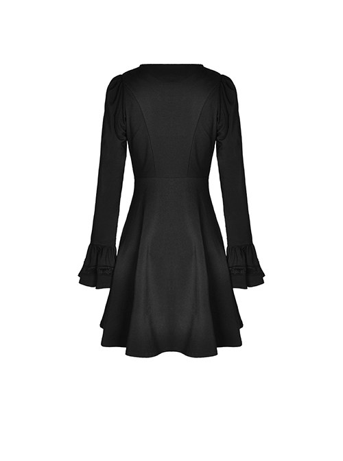 Gothic Style Retro White Button Lace Doll Collar Black Long Trumpet Sleeve Slim Dress