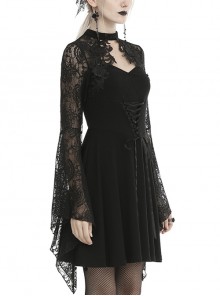 Gothic Style Sexy Hollow Ribbon Drawstring Lace Mesh On The Chest Black Long Sleeves Dress