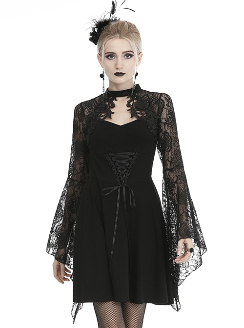 Gothic Style Sexy Hollow Ribbon Drawstring Lace Mesh On The Chest Black Long Sleeves Dress