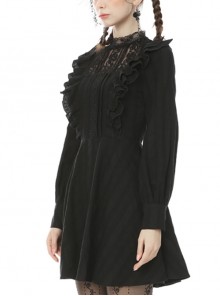 Dark Gothic Style Lace Stand Up Collar Sweet Ruffled Classic Black Slim Long Sleeves Dress
