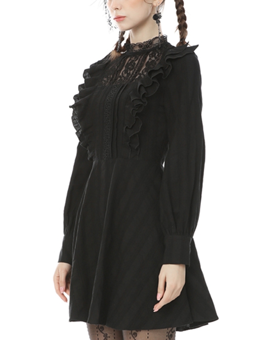 Dark Gothic Style Lace Stand Up Collar Sweet Ruffled Classic Black Slim Long Sleeves Dress