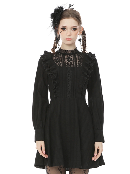 Dark Gothic Style Lace Stand Up Collar Sweet Ruffled Classic Black Slim Long Sleeves Dress