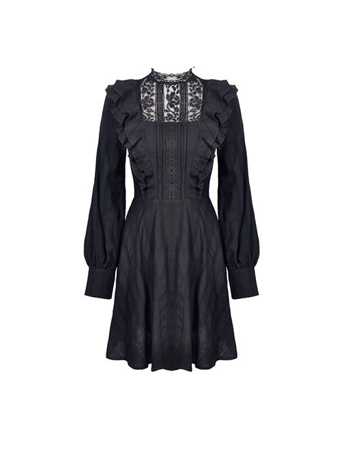Dark Gothic Style Lace Stand Up Collar Sweet Ruffled Classic Black Slim Long Sleeves Dress